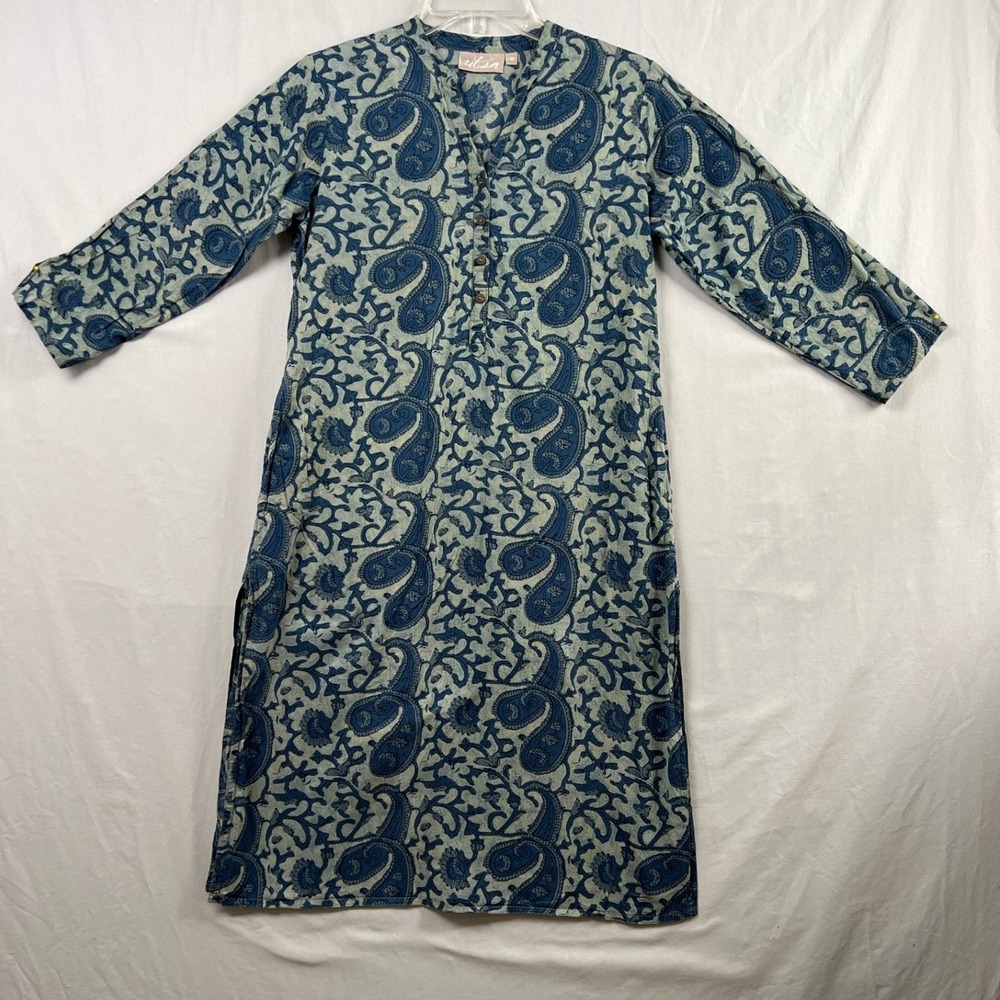 Utsa Paisley Kurti Tunic Dress Women M Blue Cotton 3/4 Sleeve Block Print